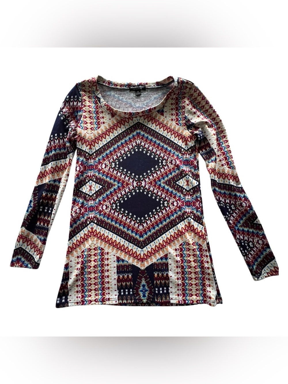 About A Girl Long Sleeve Aztec Scoop Neck Top - Navy, Red, Cream